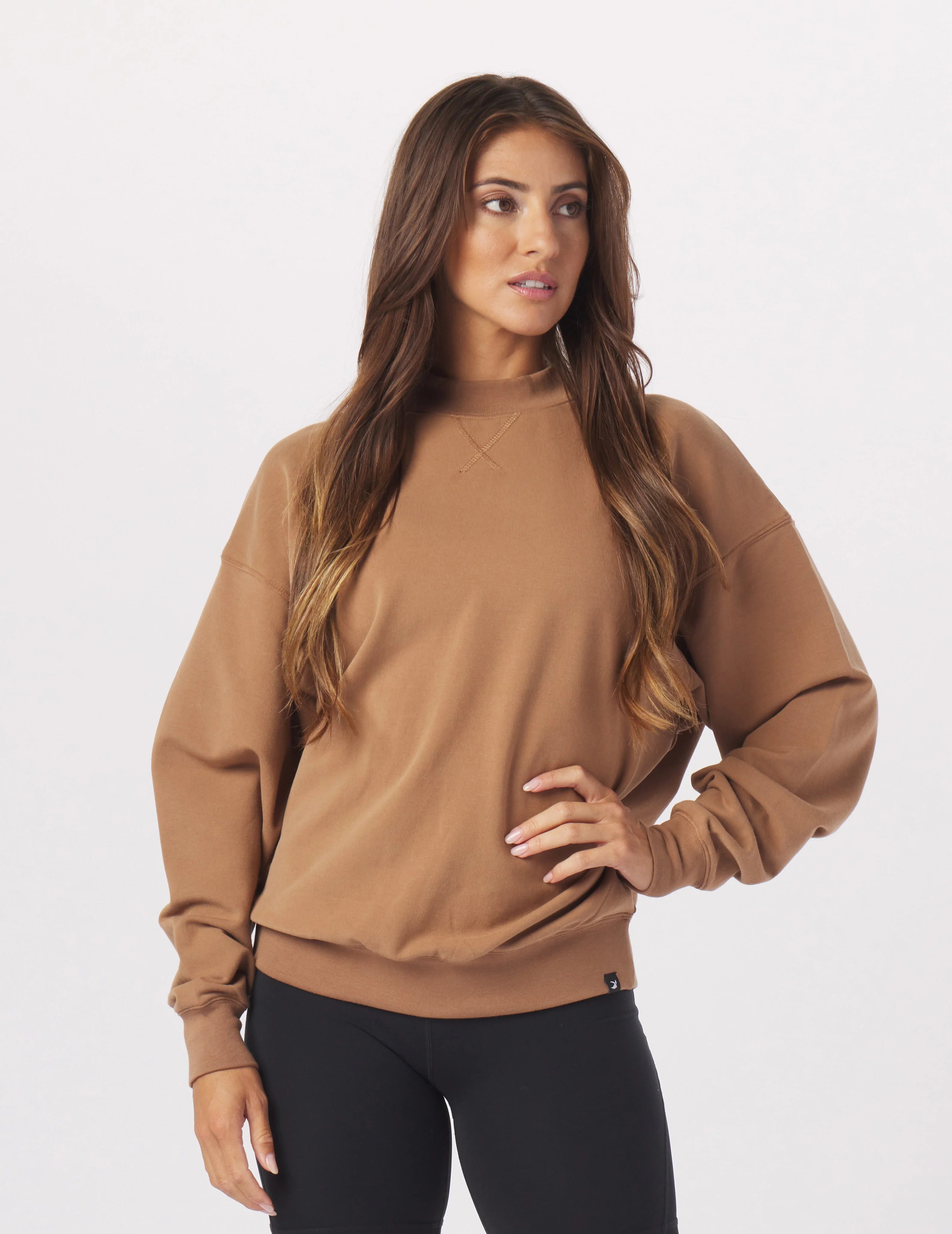 Cropped Women Long Sleeve Top to Pair with High - Waisted BottomsVintage Oversized Crew: Almond Cropped Women Long Sleeve Top to Pair with High - Waisted BottomsVintage Oversized Crew: Almond