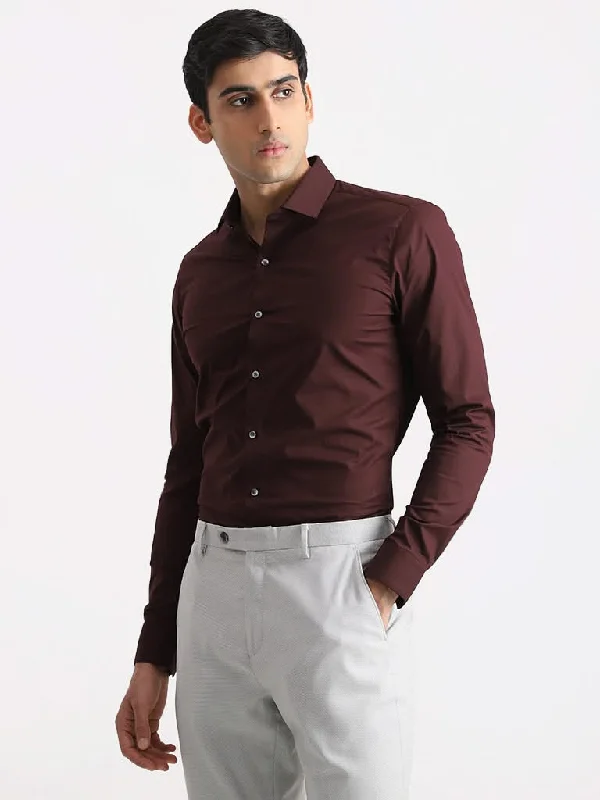 WES Formals Solid Dark Wine Cotton Blend Ultra-Slim Fit Shirt