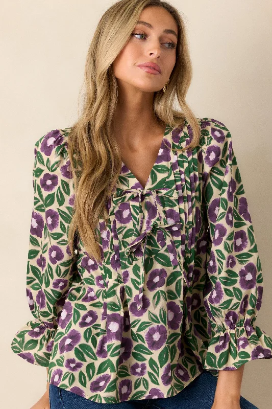 Mock Neck Women Long Sleeve Top for a Modern AestheticWhispering Willows 100% Cotton Purple Floral Blouse Mock Neck Women Long Sleeve Top for a Modern AestheticWhispering Willows 100% Cotton Purple Floral Blouse