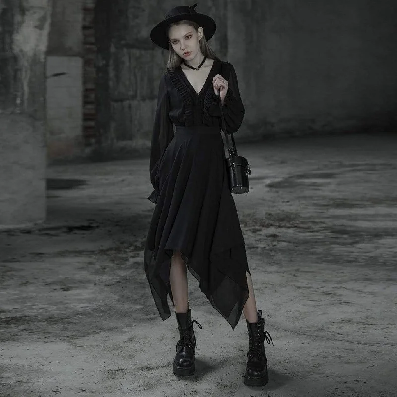 Ruffled Cuff Women Long Sleeve Top with a Feminine TouchWomen's Gothic V-neck Long Sleeved Irregular Hem Chiffon Dresses Ruffled Cuff Women Long Sleeve Top with a Feminine TouchWomen's Gothic V-neck Long Sleeved Irregular Hem Chiffon Dresses