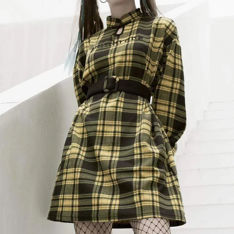 Women's Grunge Autumn Casual Plaid Dresses With Belt