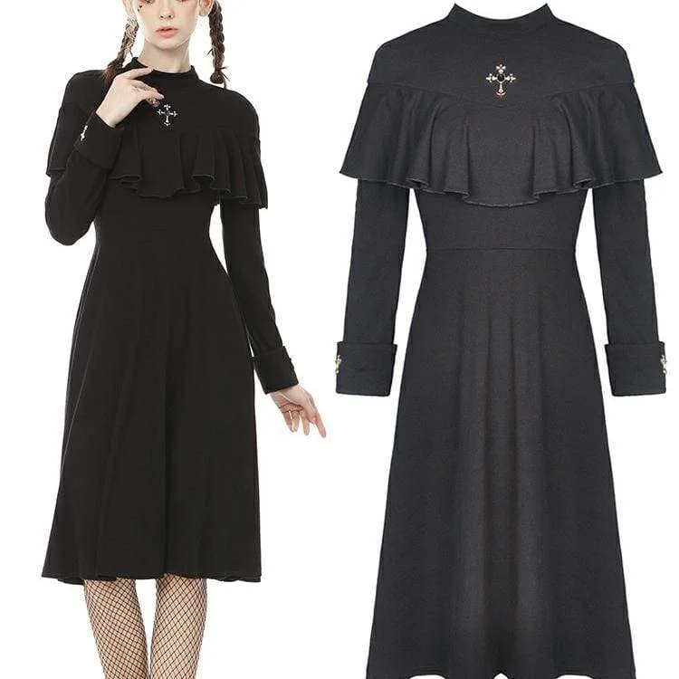 Organic Cotton Women Long Sleeve Top for Eco - Friendly ComfortWomen's Vintage Gothic Cross Cape Sleeve Black Little Dress Organic Cotton Women Long Sleeve Top for Eco - Friendly ComfortWomen's Vintage Gothic Cross Cape Sleeve Black Little Dress