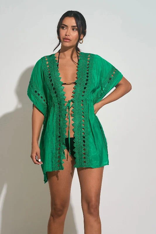 Mini - length cover ups for a more daring and youthful beach styleCROCHET KIMONO COVER-UP - GREEN BRIGHT Mini - length cover ups for a more daring and youthful beach styleCROCHET KIMONO COVER-UP - GREEN BRIGHT